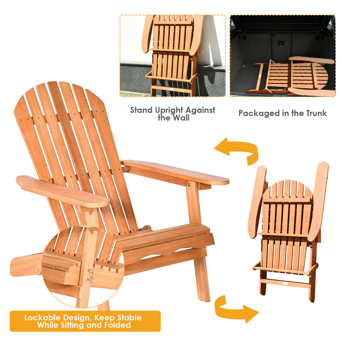 Gymax Eucalyptus Adirondack Chair Foldable Outdoor Wood Lounger Chair Natural