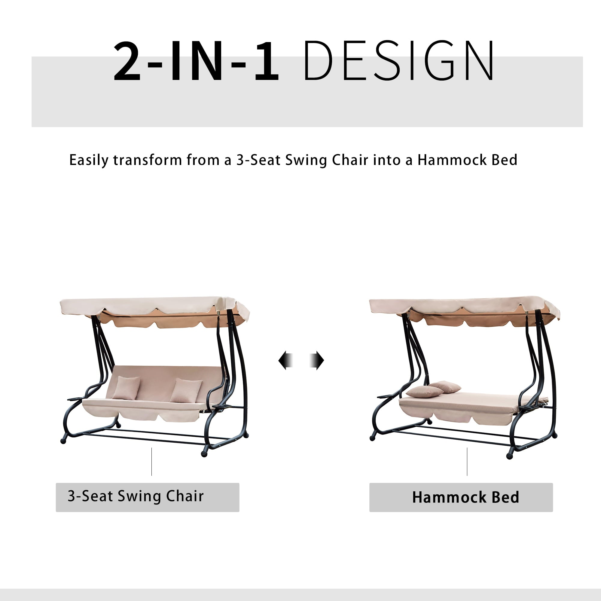 Outsunny 3-Seat Outdoor Patio Swing Chair, Converting Flatbed, with Adjustable Canopy, Removable Cushion and Pillows