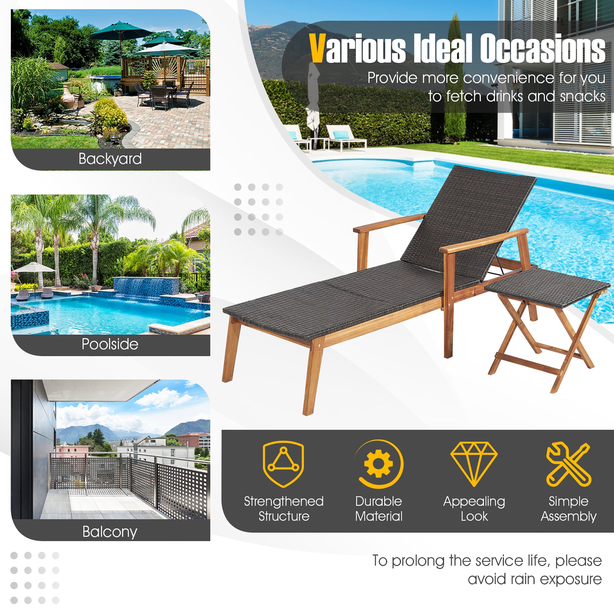 Gymax 3PCS Outdoor Chaise Lounge Set Patio Yard w/ Side Table Adjustable Backrest