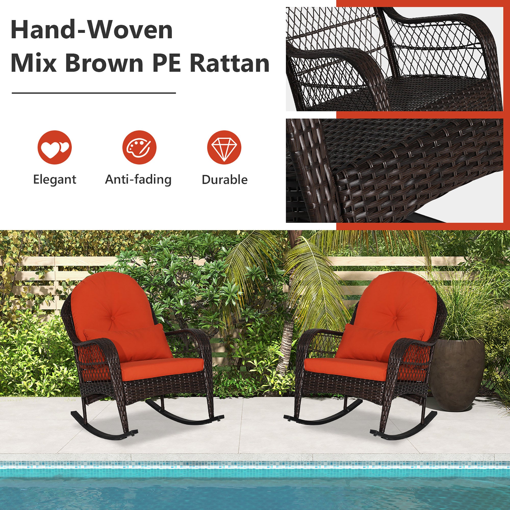 Costway Outdoor Patio Rattan Wicker Rocking Chair Rocker Cushion Pillow Garden Deck