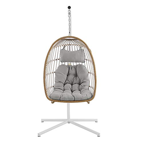 Walker Edison Carmel Modern Rattan Hanging Egg Swing Chair with Stand, 78 Inch, Brown and Grey