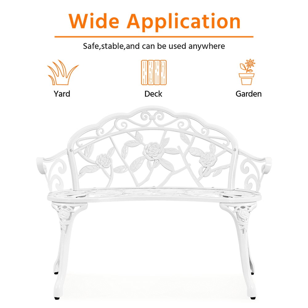 Smile Mart Outdoor Antique Metal Bench for Patio Park Garden, White