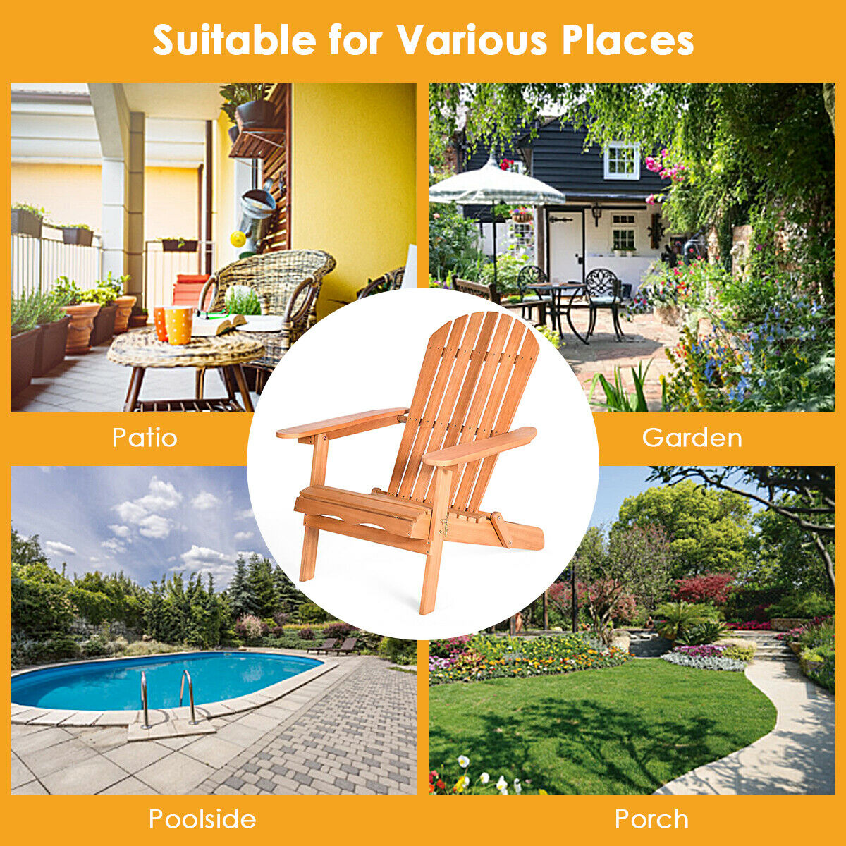 Gymax Eucalyptus Adirondack Chair Foldable Outdoor Wood Lounger Chair Natural