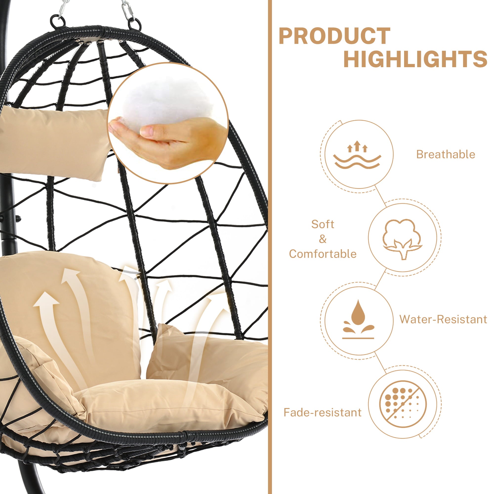 Segmart Outdoor Wicker Swing Chair, with Comfortable Cushion and Stand, 350lbs, S462