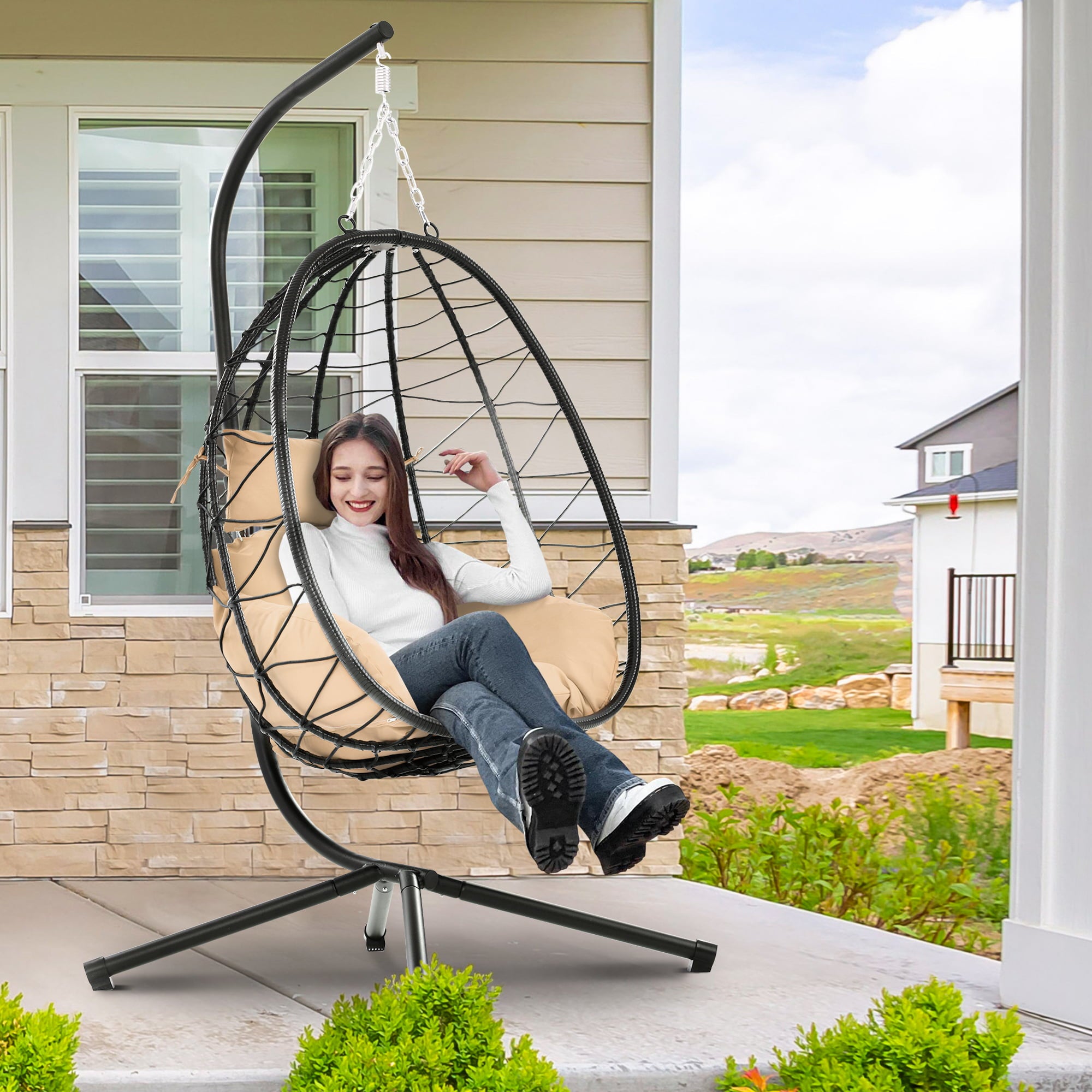 Segmart Outdoor Wicker Swing Chair, with Comfortable Cushion and Stand, 350lbs, S462
