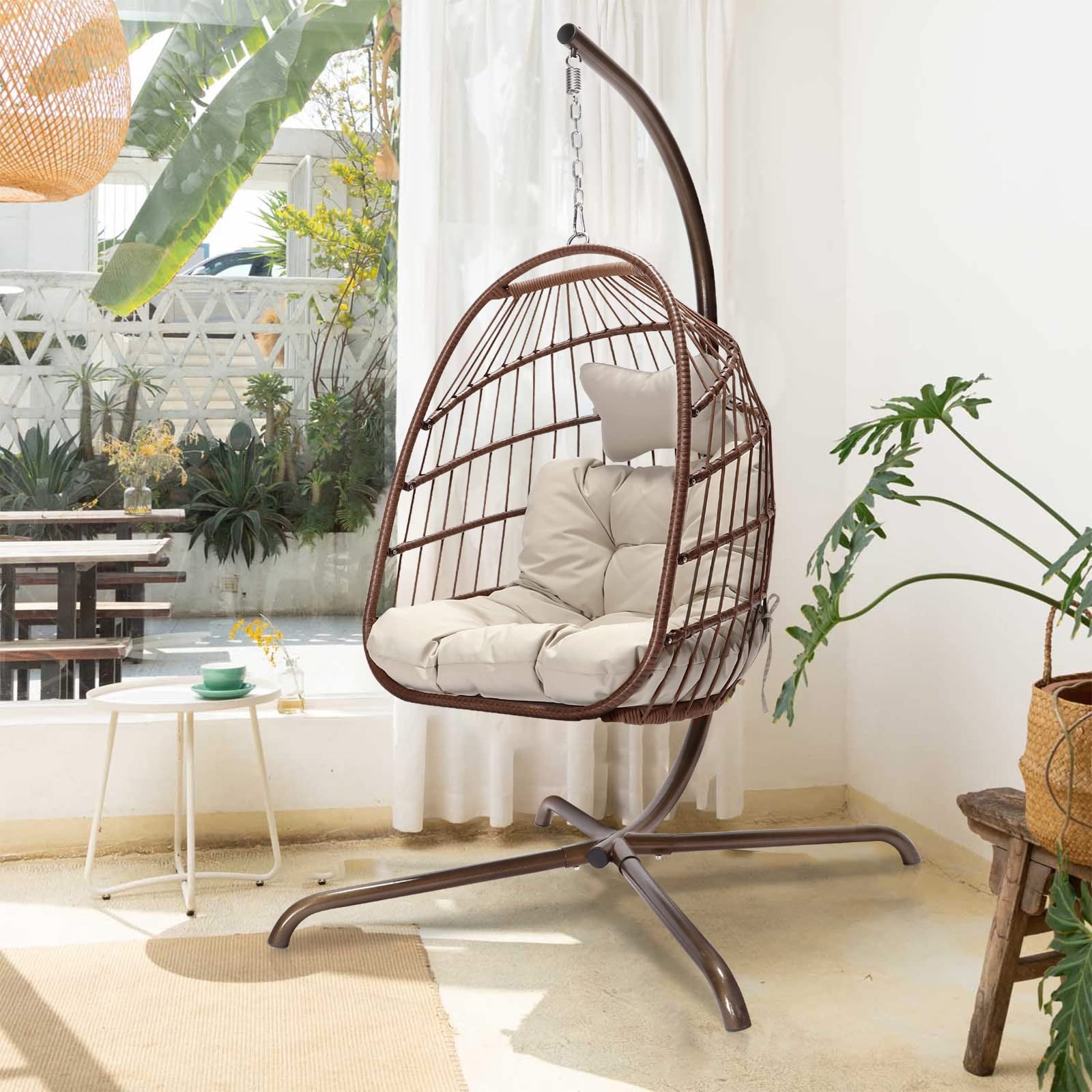 Nicesoul Foldable PE Wicker Brown Hanging Egg Chair Capacity 350lbs