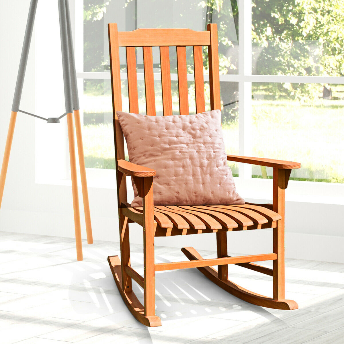 Gymax Outdoor Eucalyptus Rocking Chair Single Rocker for Patio Deck Garden Natural