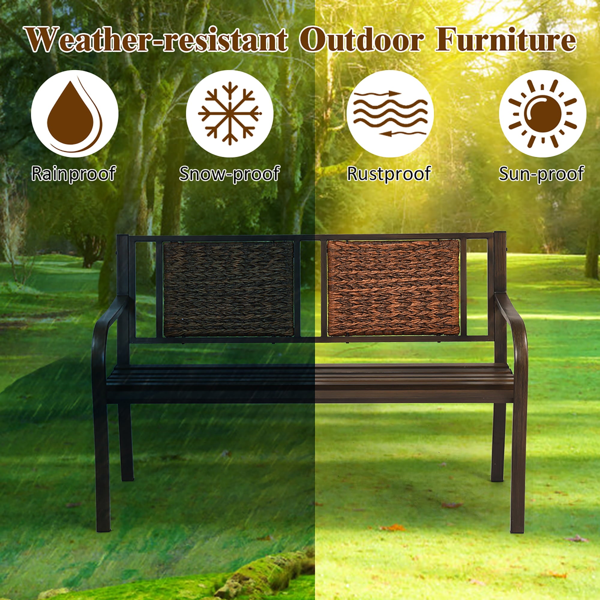 Costway Patio Garden Bench Steel Frame Rattan Backrest Park Yard Outdoor Porch Furniture