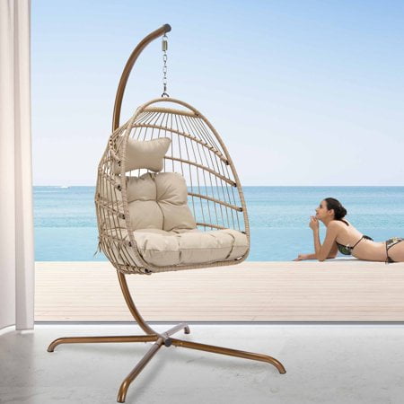 Nicesoul Rattan Swing Egg Chair Hanging Chair with Stand Beige 350 lbs Capacity Metal Frame