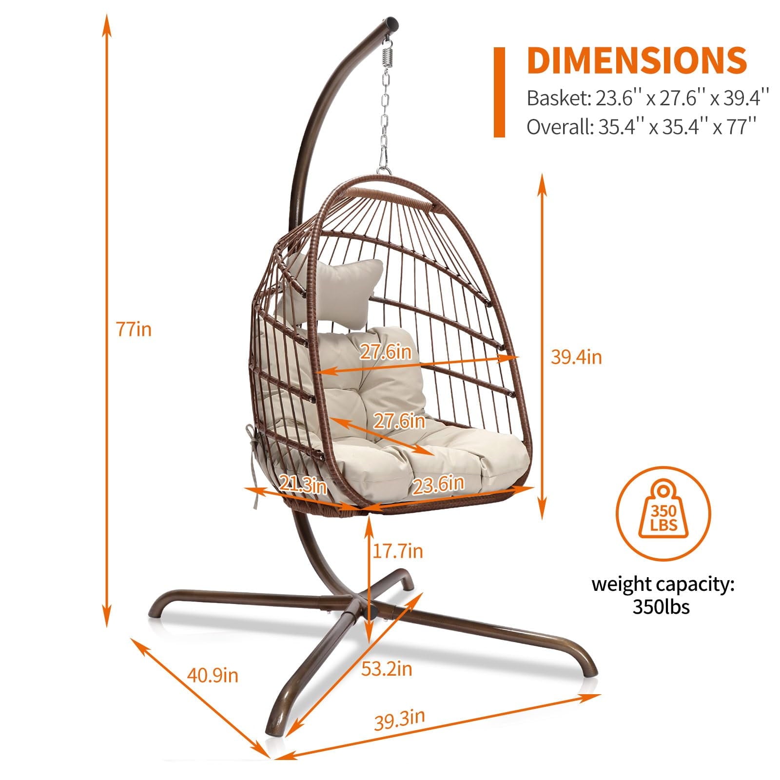 Nicesoul Foldable PE Wicker Brown Hanging Egg Chair Capacity 350lbs