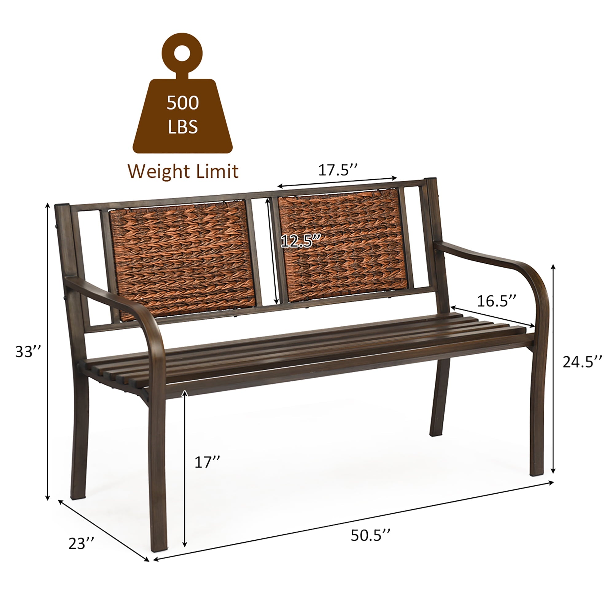 Costway Patio Garden Bench Steel Frame Rattan Backrest Park Yard Outdoor Porch Furniture
