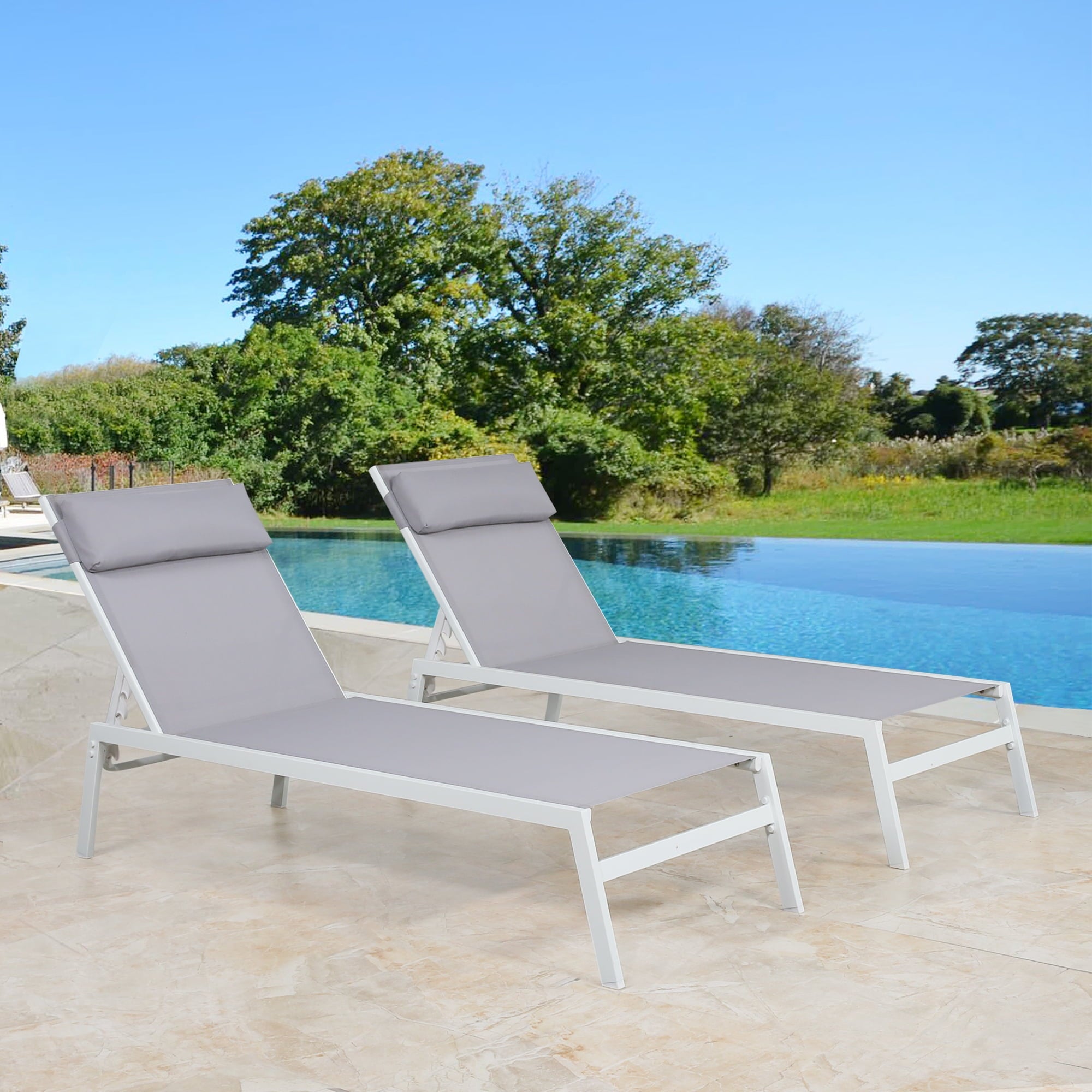 Ulax Furniture Outdoor Adjustable Pool Chaise Lounge Chairs Set of 2 All Weather Metal Sling Lounge Chairs for Outside, Patio, Beach(Light Grey)