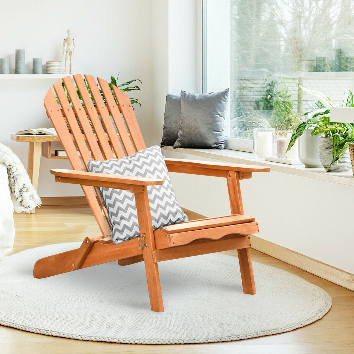 Gymax Eucalyptus Adirondack Chair Foldable Outdoor Wood Lounger Chair Natural