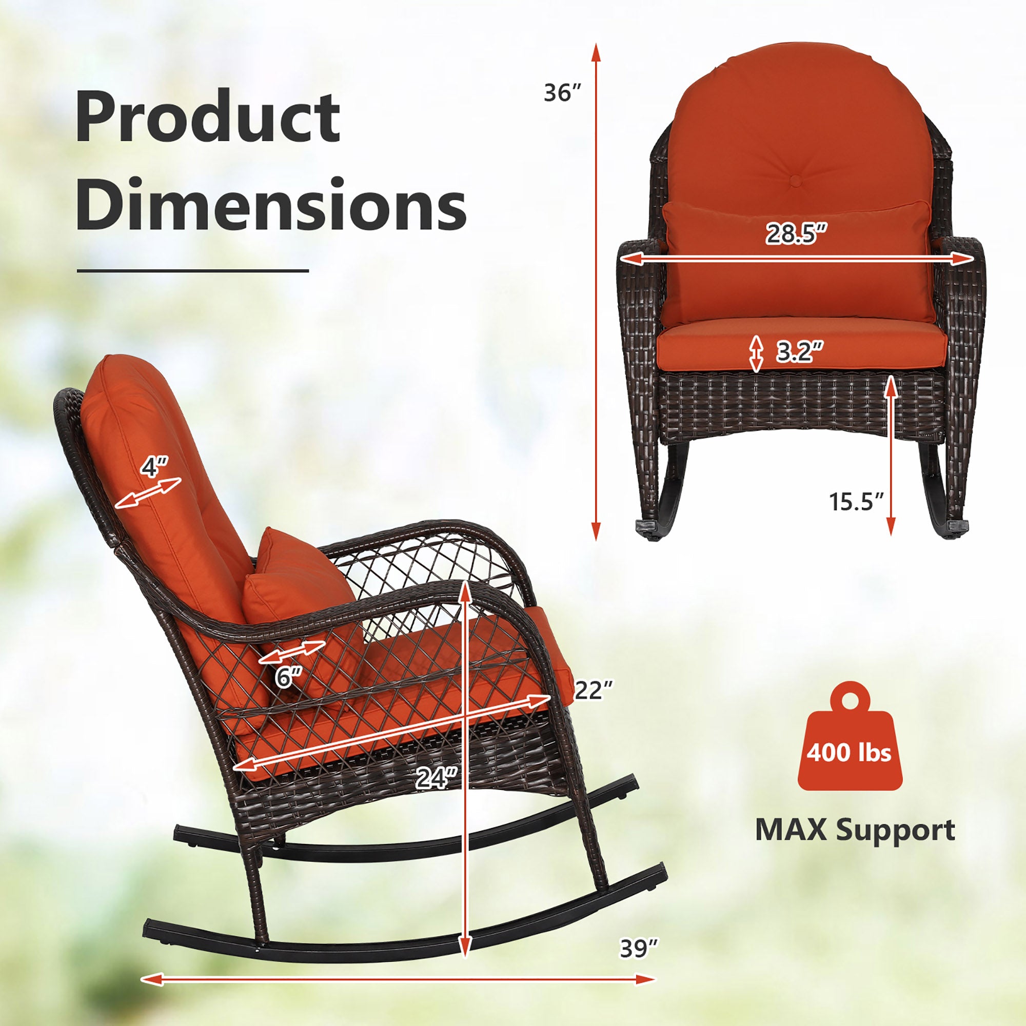 Costway Outdoor Patio Rattan Wicker Rocking Chair Rocker Cushion Pillow Garden Deck