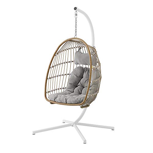 Walker Edison Carmel Modern Rattan Hanging Egg Swing Chair with Stand, 78 Inch, Brown and Grey
