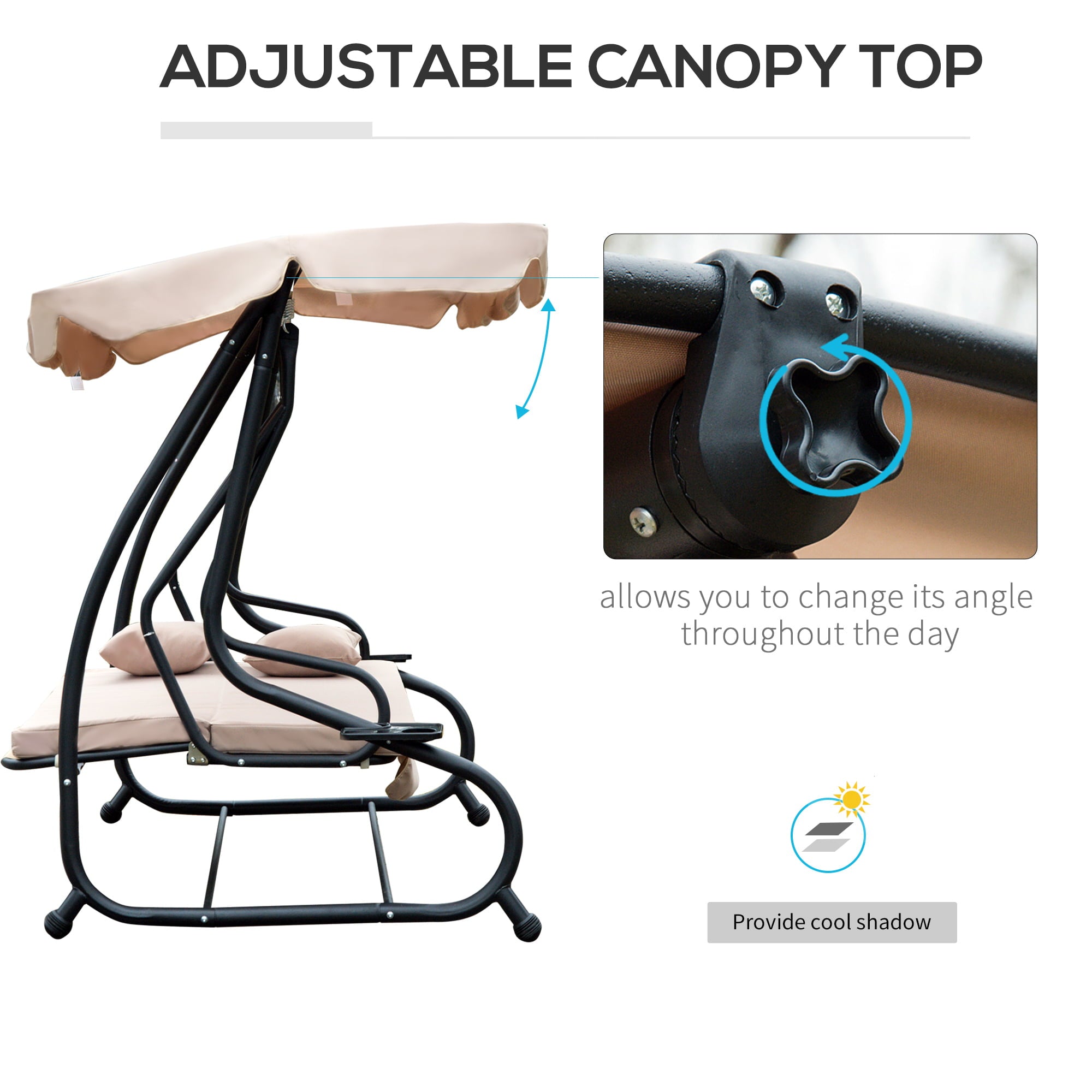 Outsunny 3-Seat Outdoor Patio Swing Chair, Converting Flatbed, with Adjustable Canopy, Removable Cushion and Pillows