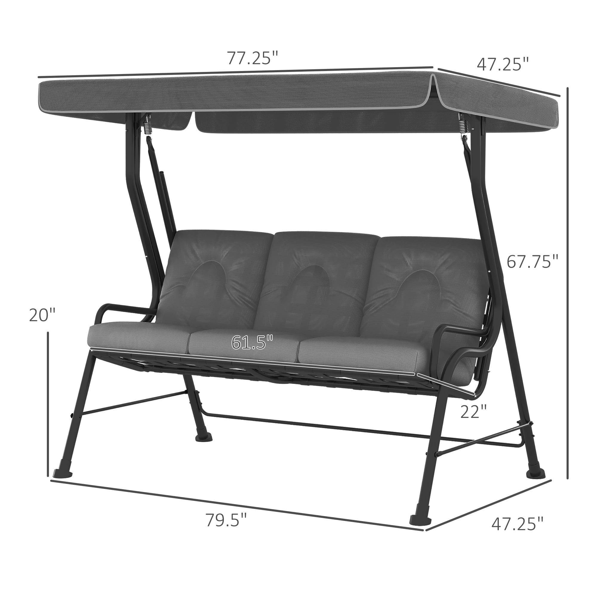 Outsunny 3-Seat Patio Swing Chair/Swing Glider with Adjustable Canopy, Removable Cushion