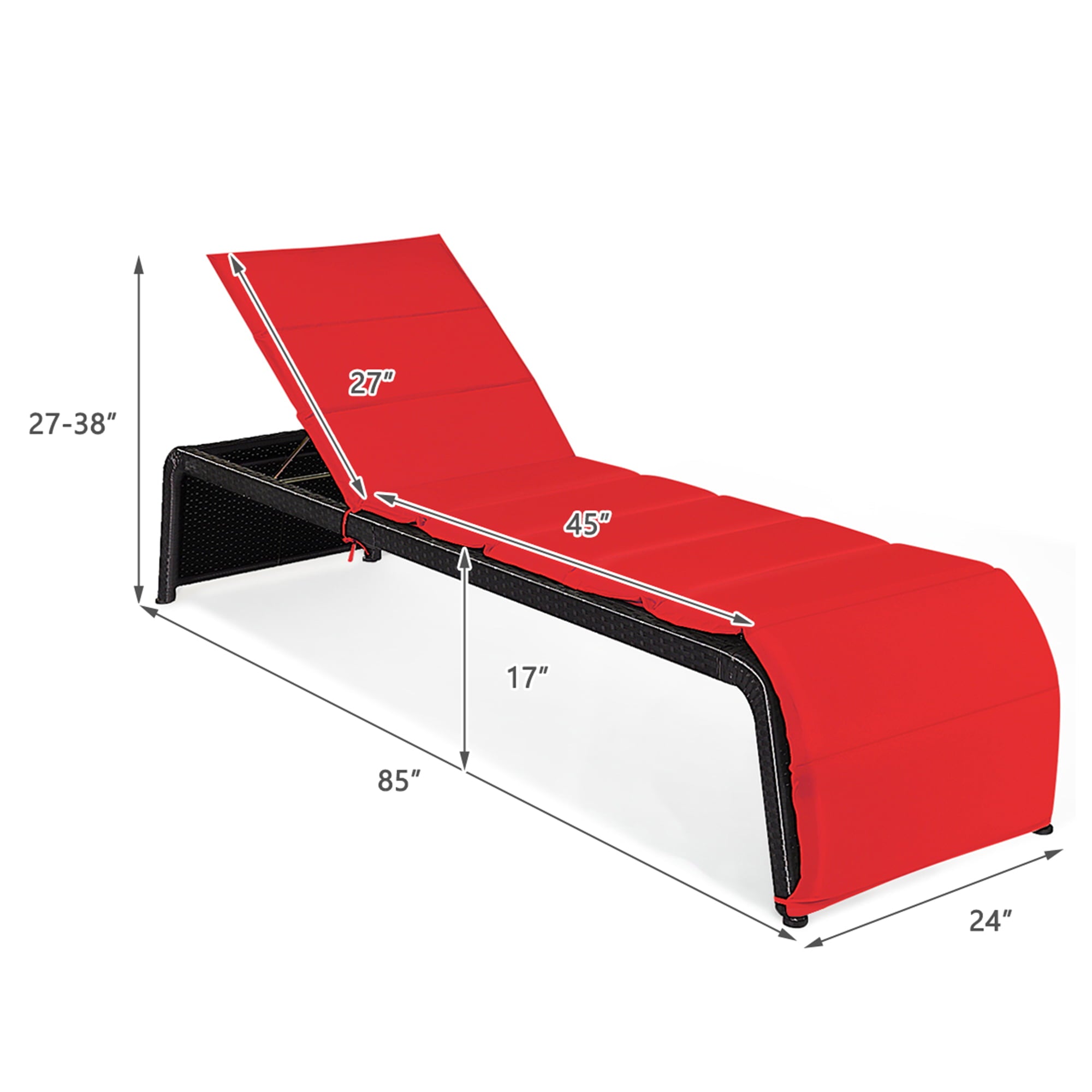 Gymax Set of 2 Adjustable Rattan Patio Recliner Chaise Lounge Chair w/ Red Cushion