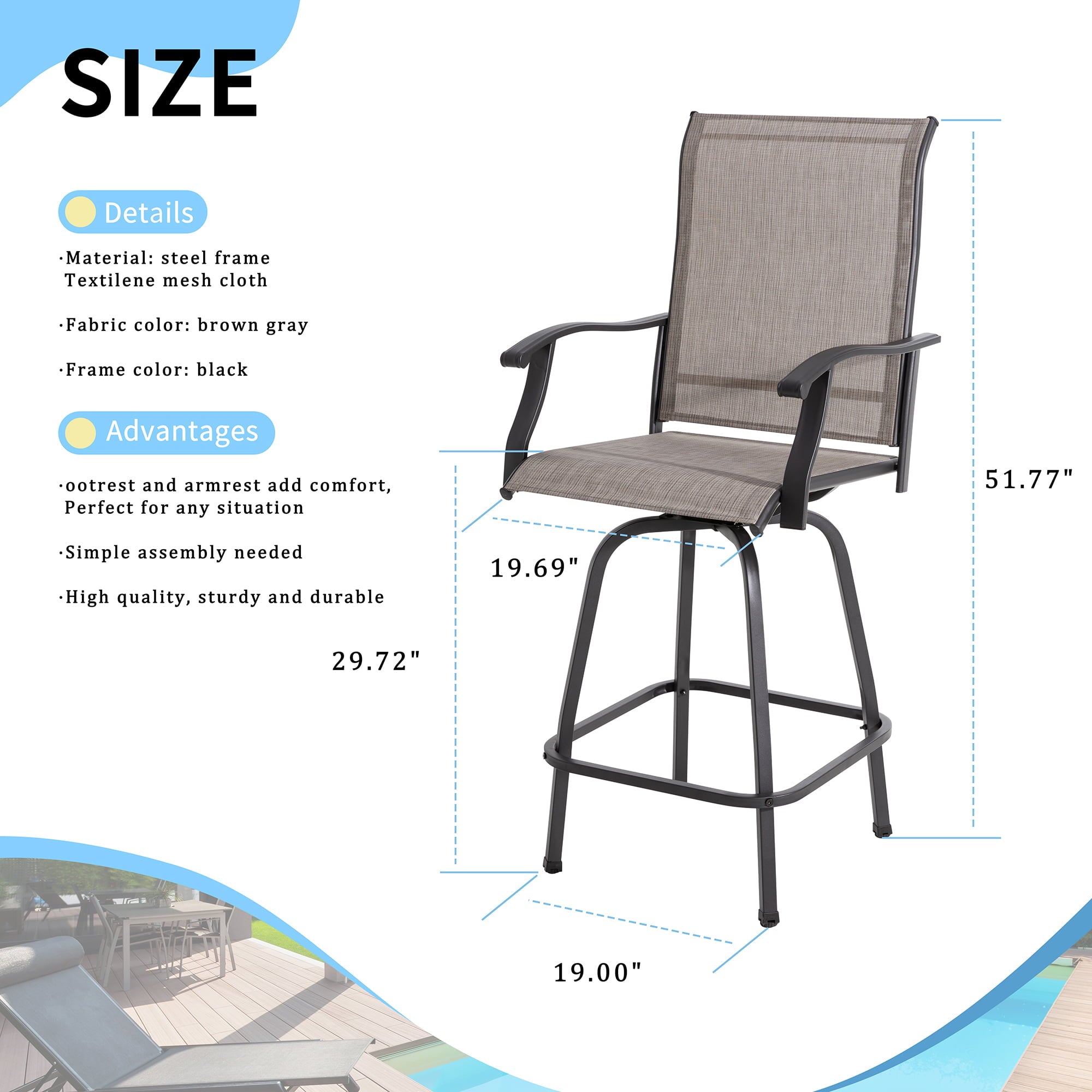 Sobaniilo Outdoor Swivel Bar Stools,set of 2,Gray