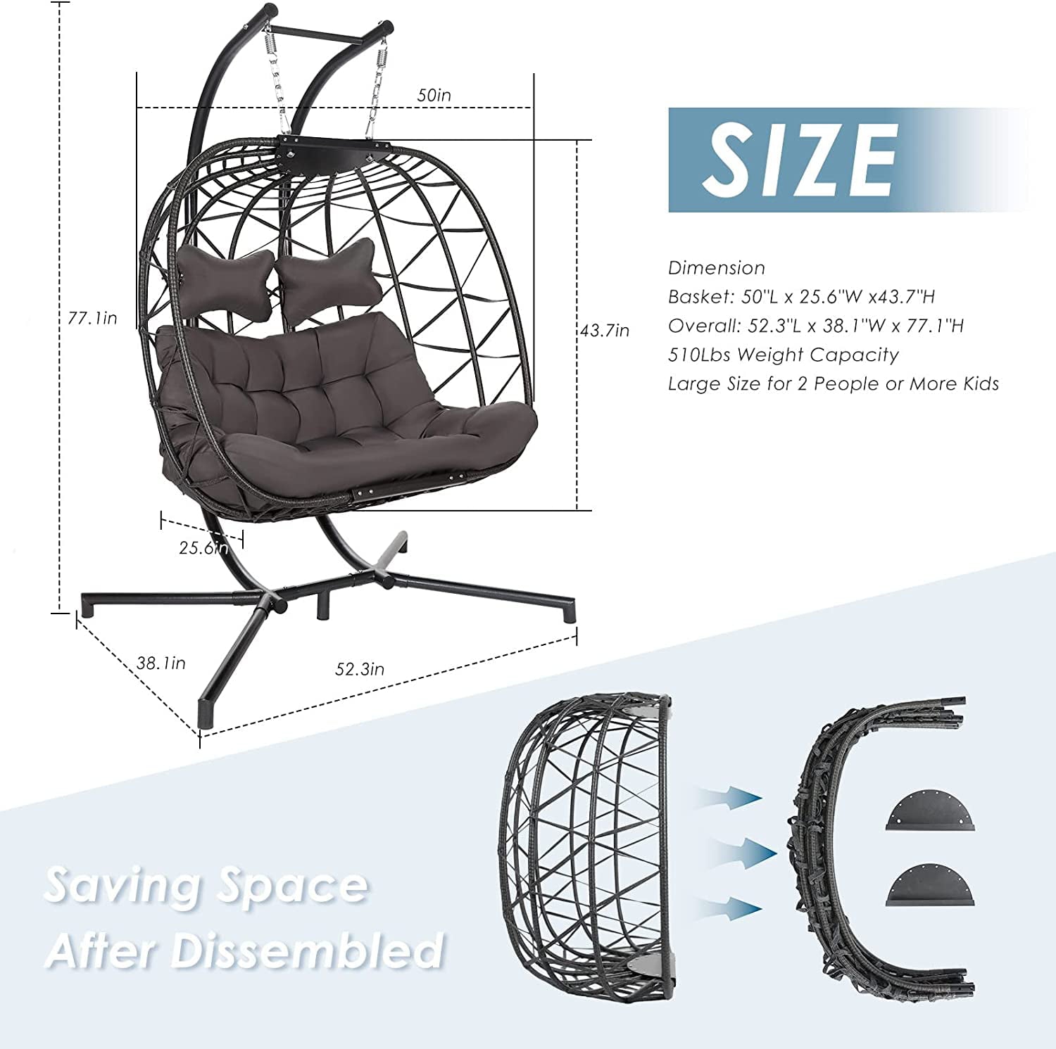 NICESOUL® Wicker Double Egg Chair with Cushions for 2 Person Outdoor, Maximum Weight 510 lbs, Gray