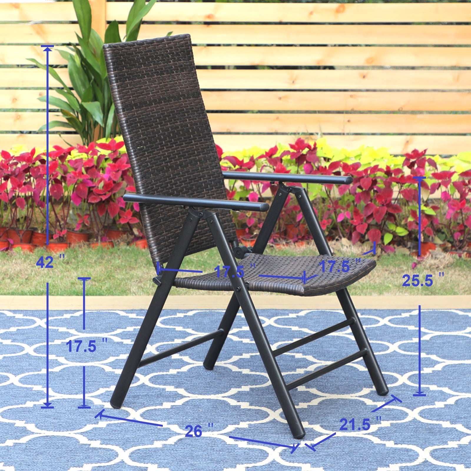 MF Studio Set of 2 Outdoor Patio Folding Chairs 7-level Adjustable Rattan Recliner, Dark Brown&Black