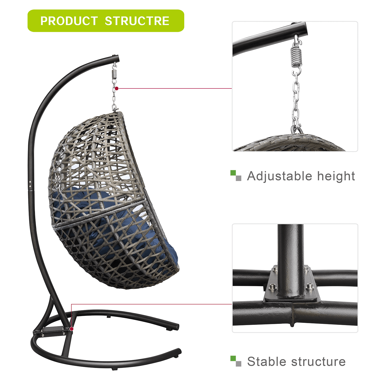 Arttoreal Patio Wicker Basket Swing/Hanging Egg Chair with Waterproof Cushion