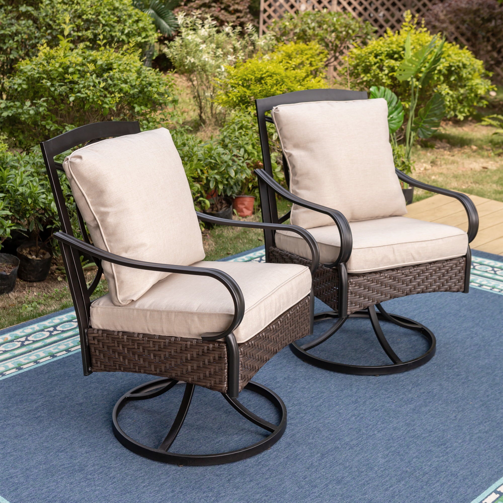MF Studio Set of 2 Outdoor Swivel Rocker Club Patio Wicker Chairs with Cushions, Beige