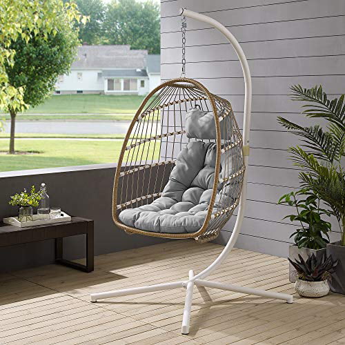 Walker Edison Carmel Modern Rattan Hanging Egg Swing Chair with Stand, 78 Inch, Brown and Grey