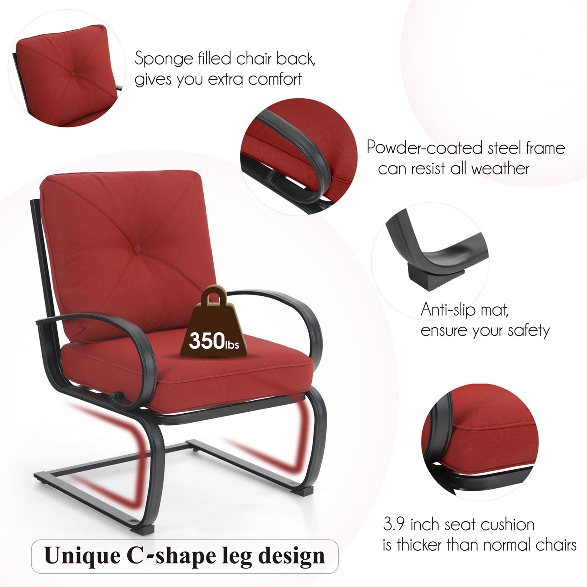 MF Studio Set of 2 Outdoor Dining Chairs, C-shape Steel Frame with Cushions, Black&Red
