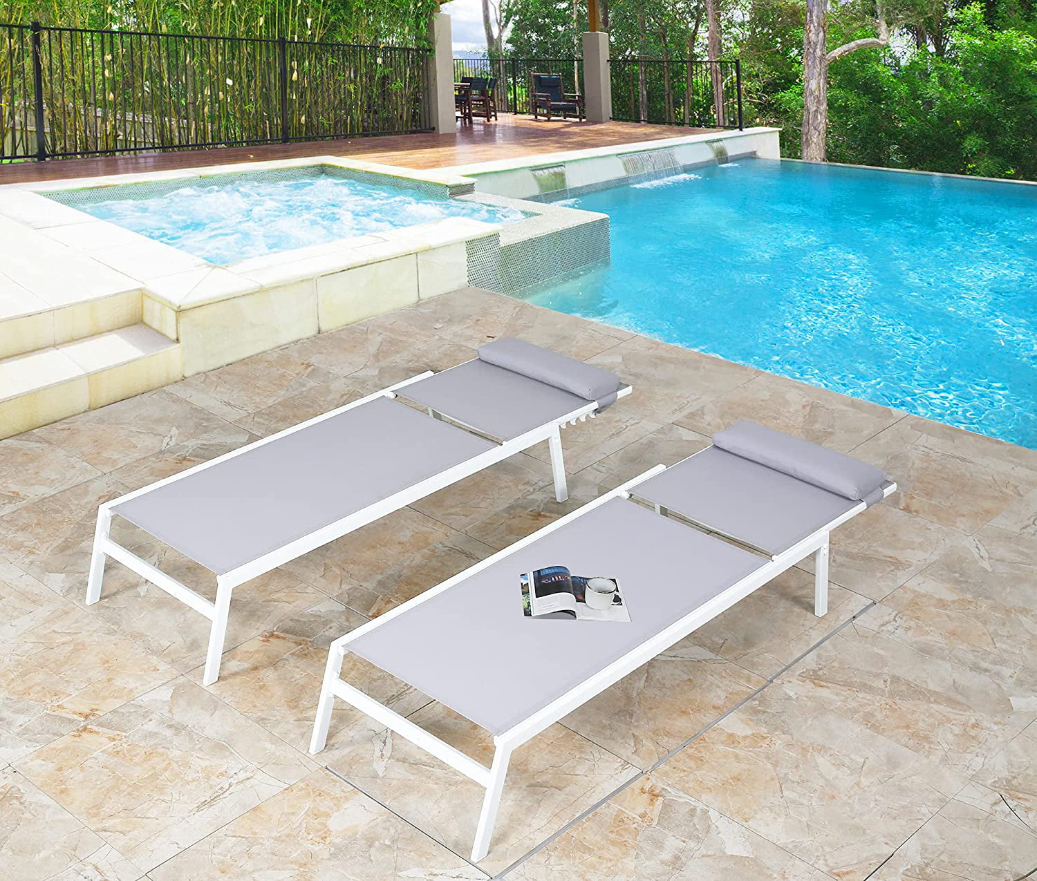Ulax Furniture Outdoor Adjustable Pool Chaise Lounge Chairs Set of 2 All Weather Metal Sling Lounge Chairs for Outside, Patio, Beach(Light Grey)