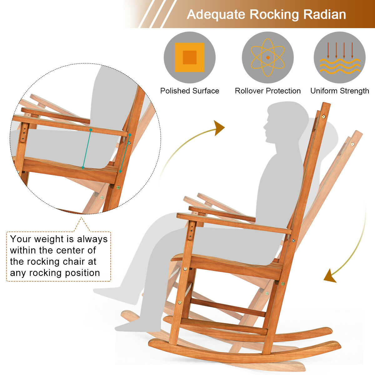 Gymax Outdoor Eucalyptus Rocking Chair Single Rocker for Patio Deck Garden Natural