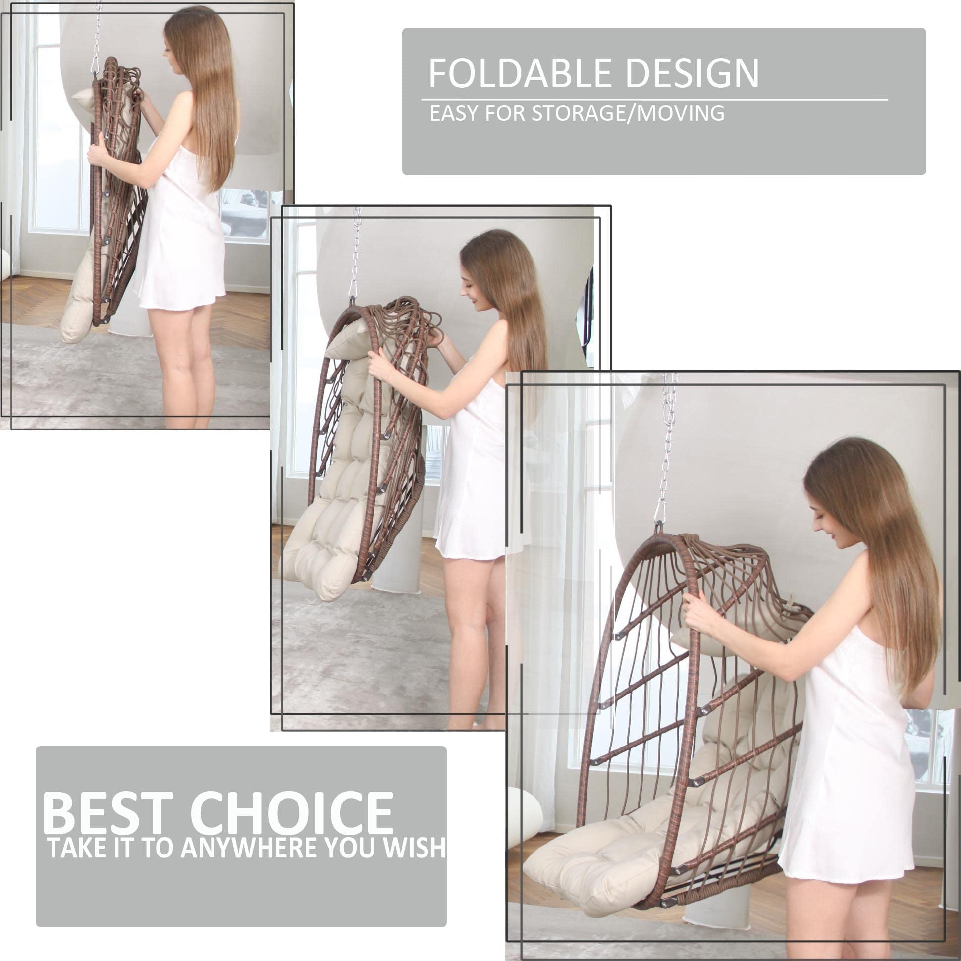 Nicesoul Foldable PE Wicker Brown Hanging Egg Chair Capacity 350lbs