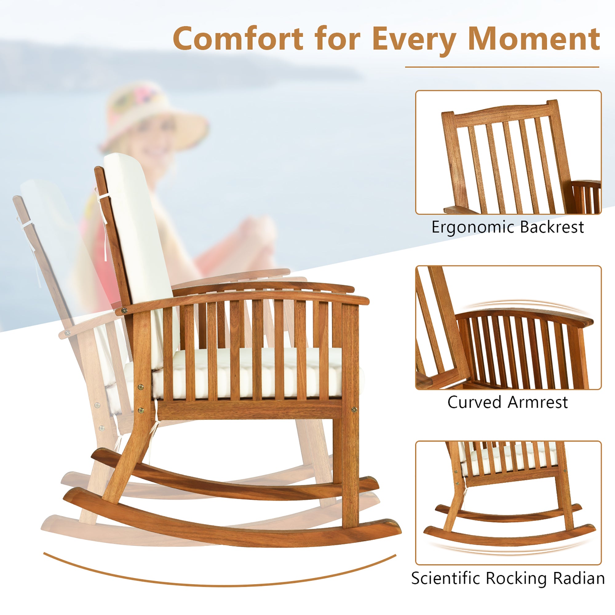 Gymax Patio Wooden Rocking Chair Lawn Garden Outdoor w/ Armrest Cushion