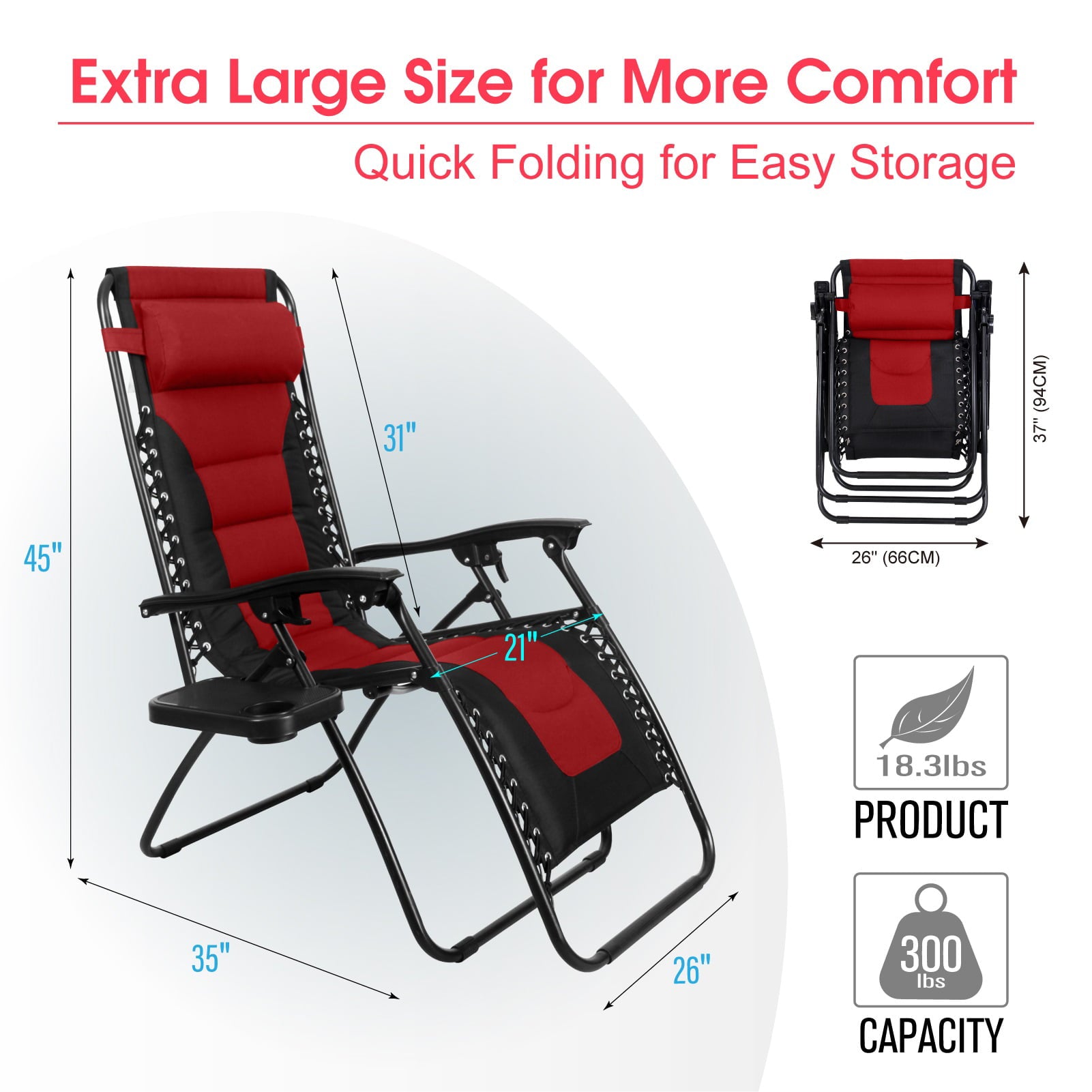 MF Studio Padded Zero Gravity Lounge Chair Adjustable Potable Camping Lawn Chair Heavy Duty Steel Frame with Cup Holder, Red