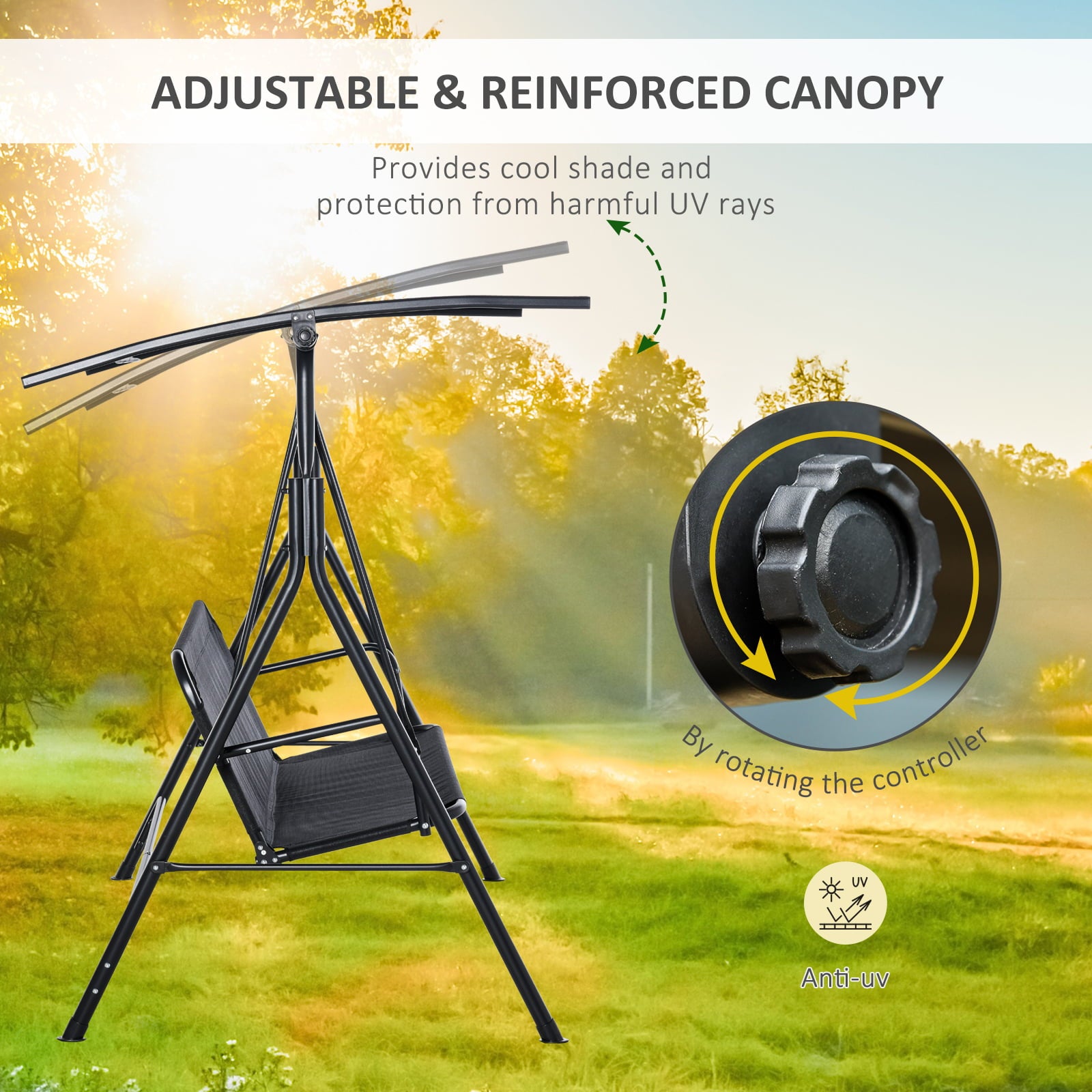 Outsunny Outdoor Patio Swing Chair with Adjustable Canopy, Porch Swing for 2 Person, Black