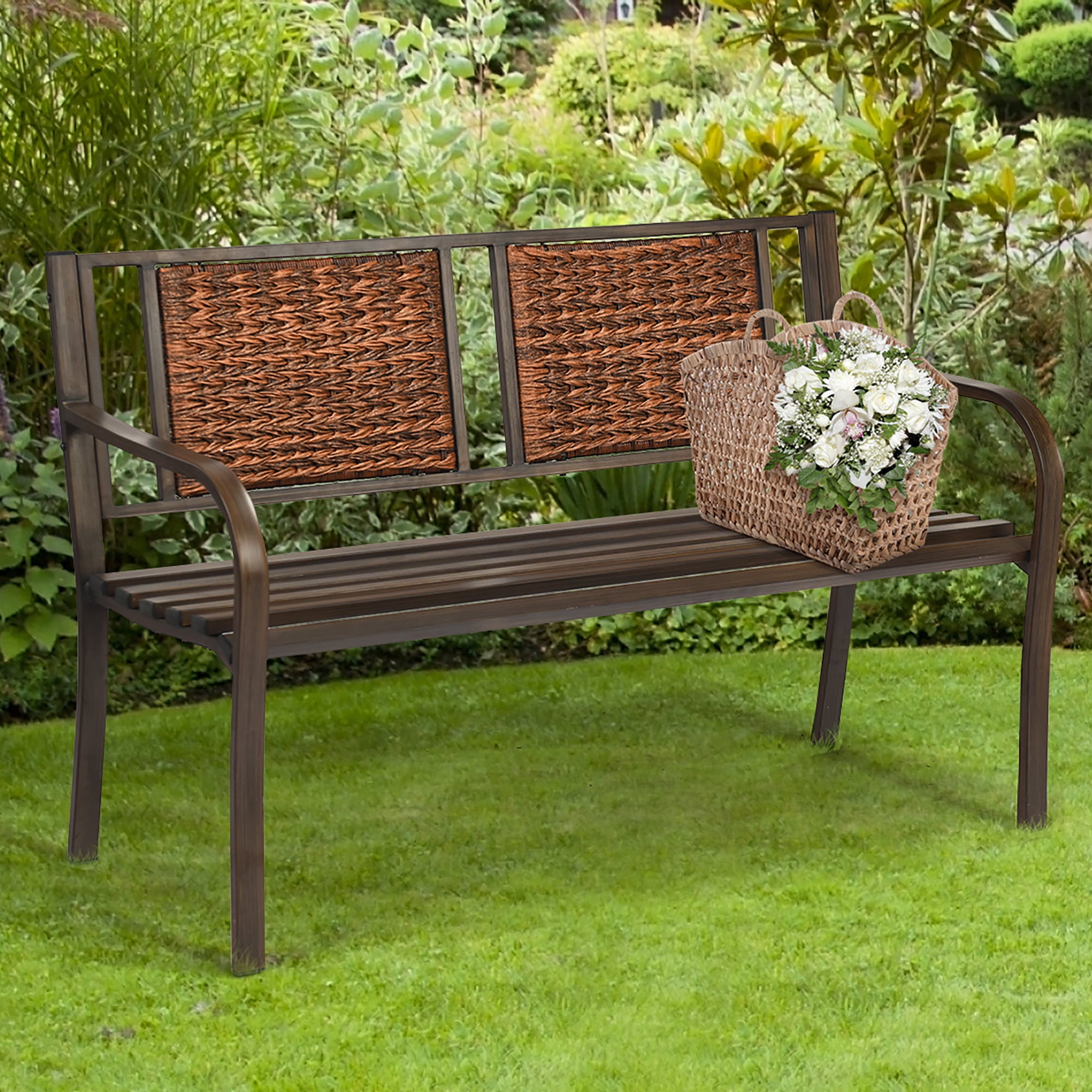 Costway Patio Garden Bench Steel Frame Rattan Backrest Park Yard Outdoor Porch Furniture