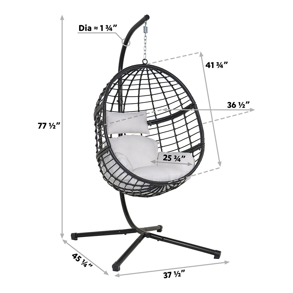 Abble Wicker Hanging Egg Chair with Cushion and Stand - Black
