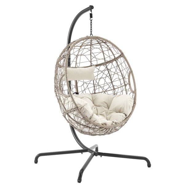 Ulax Furniture Outdoor Patio Wicker Hanging Basket Swing Chair Tear Drop Egg Chair with Cushion and Stand, Beige
