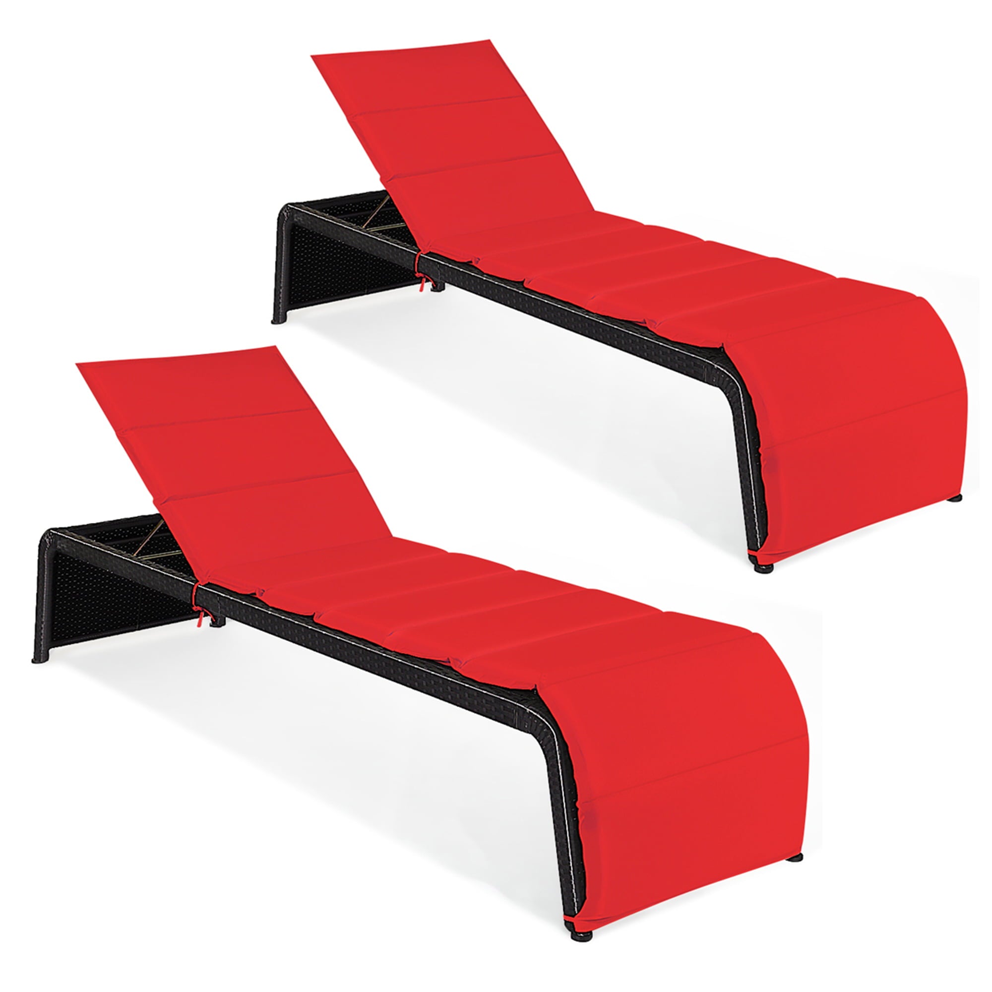 Gymax Set of 2 Adjustable Rattan Patio Recliner Chaise Lounge Chair w/ Red Cushion