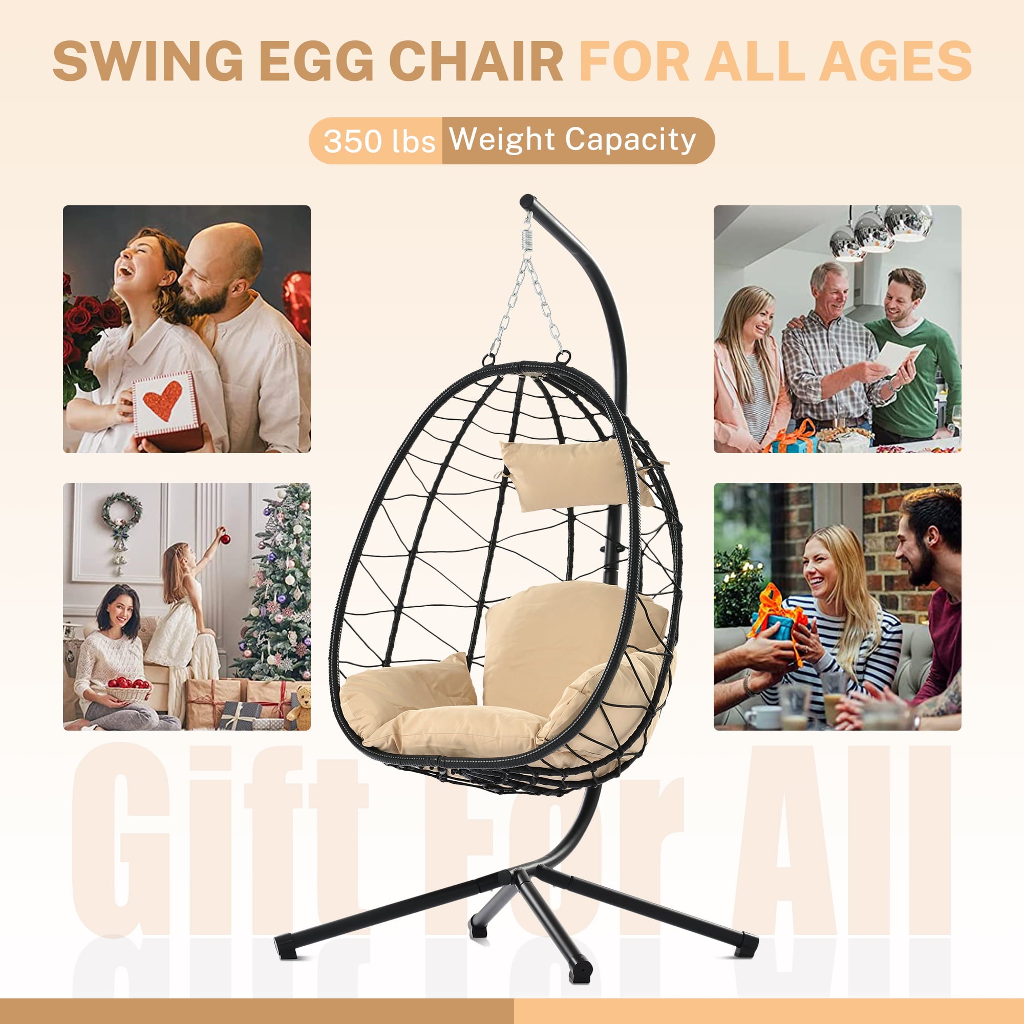 Segmart Outdoor Wicker Swing Chair, with Comfortable Cushion and Stand, 350lbs, S462