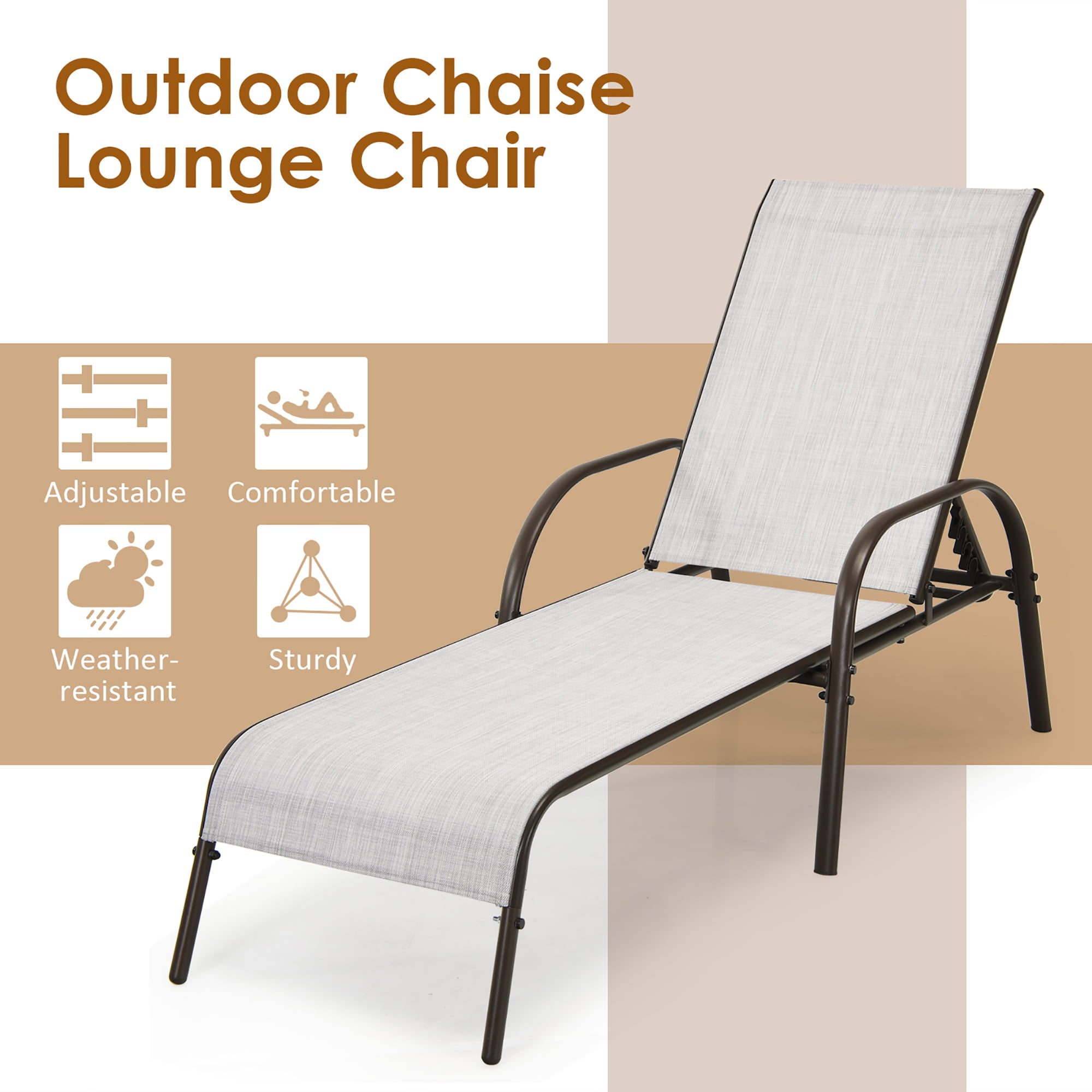 Costway 2PCS Patio Lounge Chair Chaise Adjustable Reclining Armrest Gray