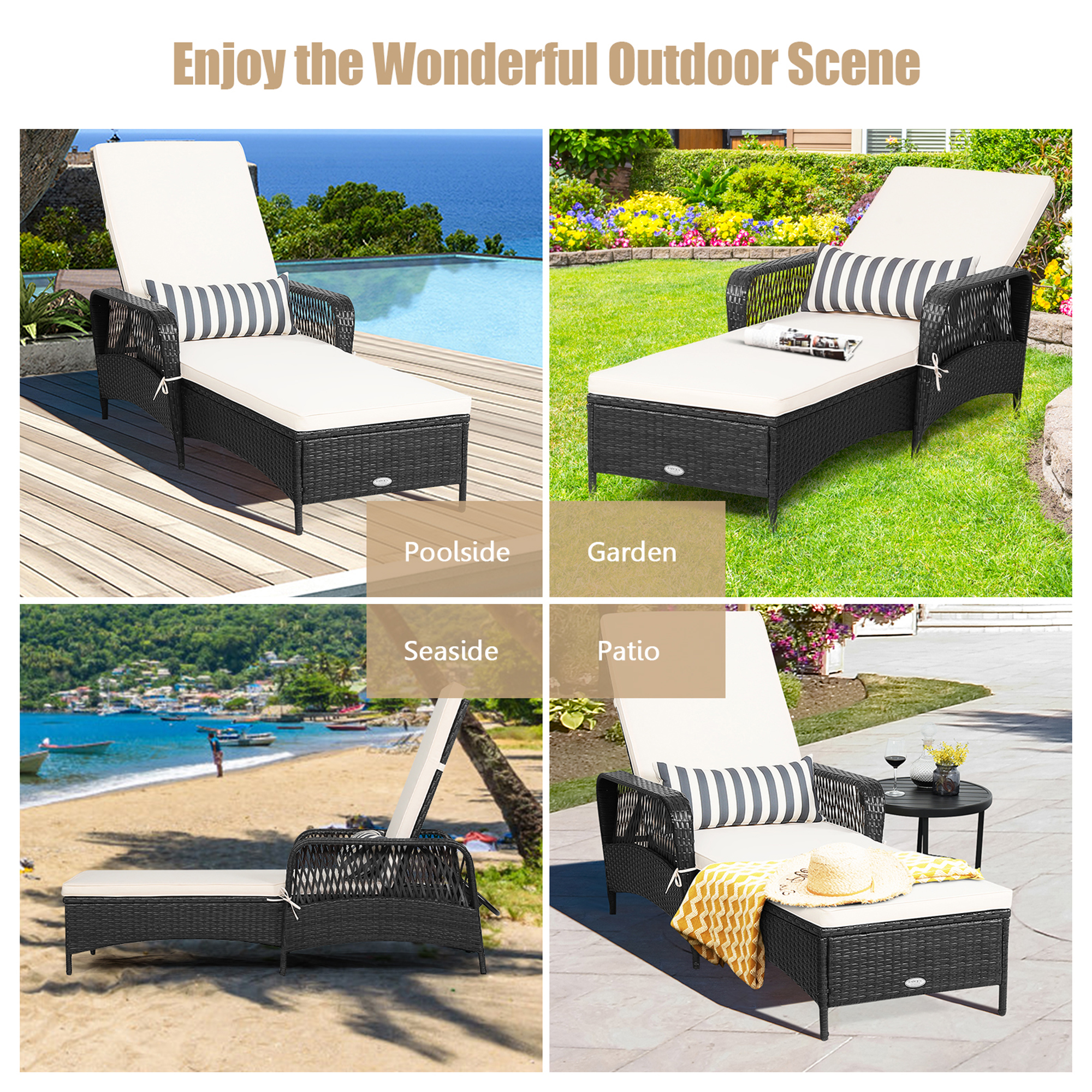 Gymax Set of 2 Adjustable Patio Rattan Lounge Chair Chaise Recliner w/ Cushion & Pillow