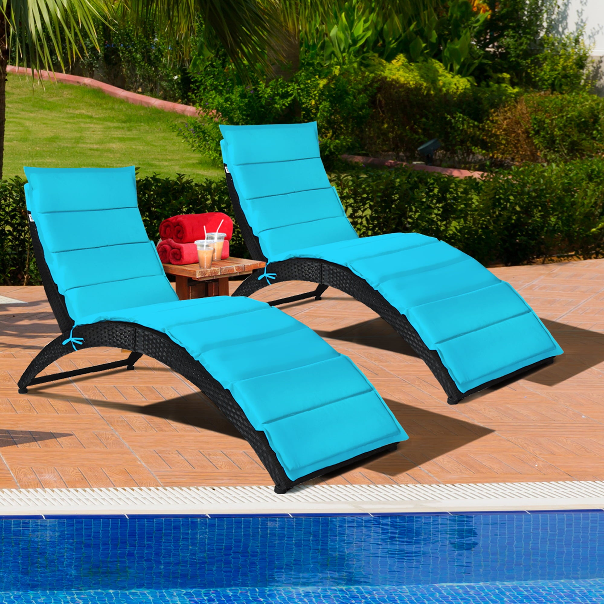 Gymax 2PCS Foldable Rattan Wicker Chaise Lounge Chair w/ Turquoise Cushion Patio Outdoor